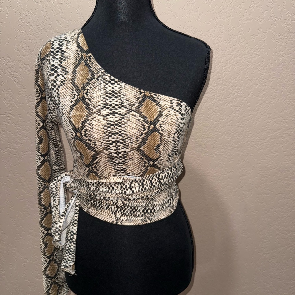 Forever 21 Snake Print One-Shoulder Top - Tan and Black